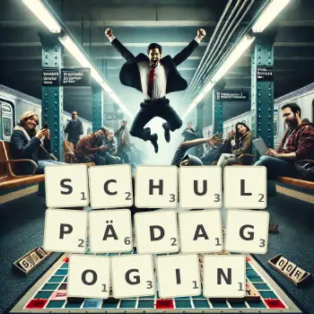 Kreative Illustration für ein Scrabble-Spiel, bei dem das Wort SCHULPÄDAGOGIN mit Steinen auf dem Brett gelegt wurde.