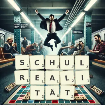 Kreative Illustration für ein Scrabble-Spiel, bei dem das Wort SCHULREALITÄT mit Steinen auf dem Brett gelegt wurde.