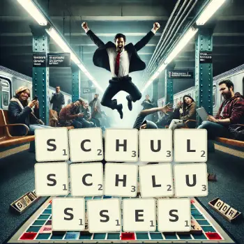 Kreative Illustration für ein Scrabble-Spiel, bei dem das Wort SCHULSCHLUSSES mit Steinen auf dem Brett gelegt wurde.