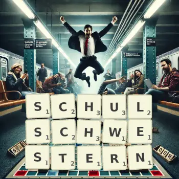 Kreative Illustration für ein Scrabble-Spiel, bei dem das Wort SCHULSCHWESTERN mit Steinen auf dem Brett gelegt wurde.