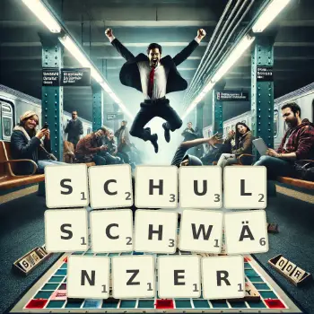 Kreative Illustration für ein Scrabble-Spiel, bei dem das Wort SCHULSCHWÄNZER mit Steinen auf dem Brett gelegt wurde.