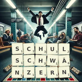 Kreative Illustration für ein Scrabble-Spiel, bei dem das Wort SCHULSCHWÄNZERN mit Steinen auf dem Brett gelegt wurde.