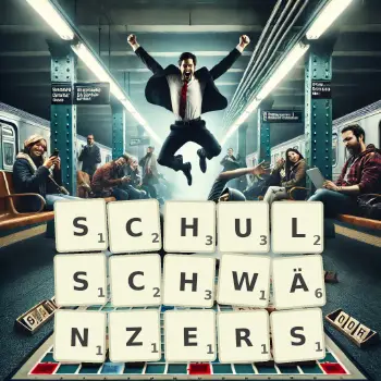 Kreative Illustration für ein Scrabble-Spiel, bei dem das Wort SCHULSCHWÄNZERS mit Steinen auf dem Brett gelegt wurde.
