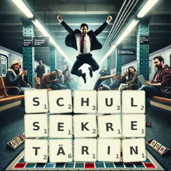 Kreative Illustration für ein Scrabble-Spiel, bei dem das Wort SCHULSEKRETÄRIN mit Steinen auf dem Brett gelegt wurde.