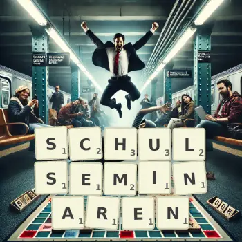 Kreative Illustration für ein Scrabble-Spiel, bei dem das Wort SCHULSEMINAREN mit Steinen auf dem Brett gelegt wurde.