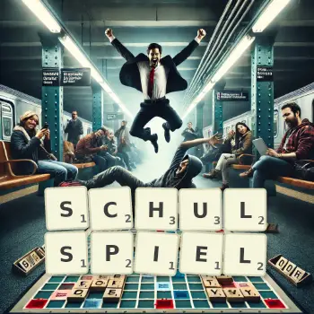 Kreative Illustration für ein Scrabble-Spiel, bei dem das Wort SCHULSPIEL mit Steinen auf dem Brett gelegt wurde.