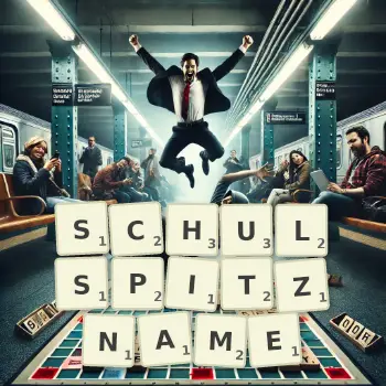 Kreative Illustration für ein Scrabble-Spiel, bei dem das Wort SCHULSPITZNAME mit Steinen auf dem Brett gelegt wurde.