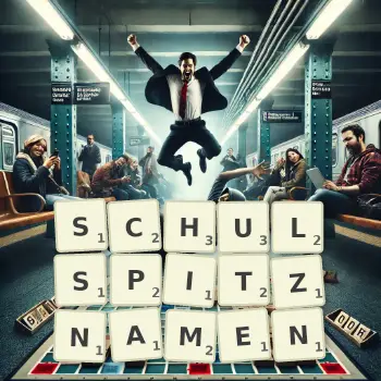 Kreative Illustration für ein Scrabble-Spiel, bei dem das Wort SCHULSPITZNAMEN mit Steinen auf dem Brett gelegt wurde.