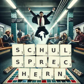Kreative Illustration für ein Scrabble-Spiel, bei dem das Wort SCHULSPRECHERN mit Steinen auf dem Brett gelegt wurde.