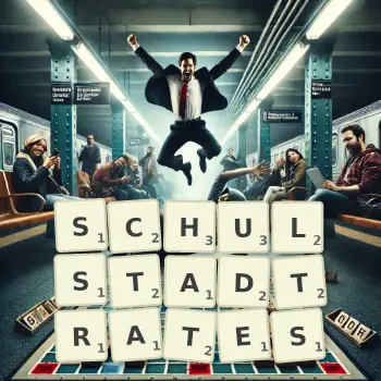 Kreative Illustration für ein Scrabble-Spiel, bei dem das Wort SCHULSTADTRATES mit Steinen auf dem Brett gelegt wurde.