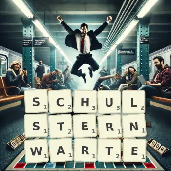 Kreative Illustration für ein Scrabble-Spiel, bei dem das Wort SCHULSTERNWARTE mit Steinen auf dem Brett gelegt wurde.