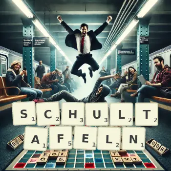 Kreative Illustration für ein Scrabble-Spiel, bei dem das Wort SCHULTAFELN mit Steinen auf dem Brett gelegt wurde.