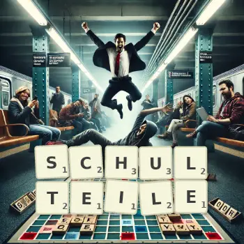 Kreative Illustration für ein Scrabble-Spiel, bei dem das Wort SCHULTEILE mit Steinen auf dem Brett gelegt wurde.