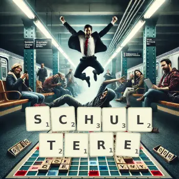 Kreative Illustration für ein Scrabble-Spiel, bei dem das Wort SCHULTERE mit Steinen auf dem Brett gelegt wurde.
