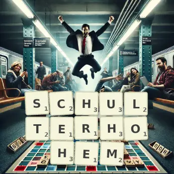 Kreative Illustration für ein Scrabble-Spiel, bei dem das Wort SCHULTERHOHEM mit Steinen auf dem Brett gelegt wurde.