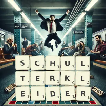 Kreative Illustration für ein Scrabble-Spiel, bei dem das Wort SCHULTERKLEIDER mit Steinen auf dem Brett gelegt wurde.