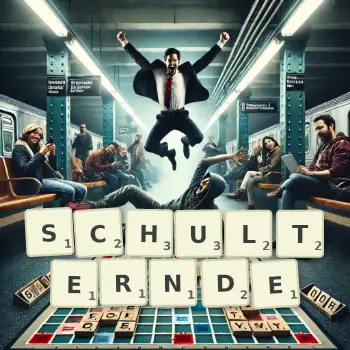 Kreative Illustration für ein Scrabble-Spiel, bei dem das Wort SCHULTERNDE mit Steinen auf dem Brett gelegt wurde.