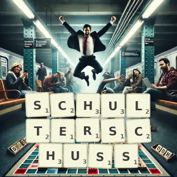 Kreative Illustration für ein Scrabble-Spiel, bei dem das Wort SCHULTERSCHUSS mit Steinen auf dem Brett gelegt wurde.