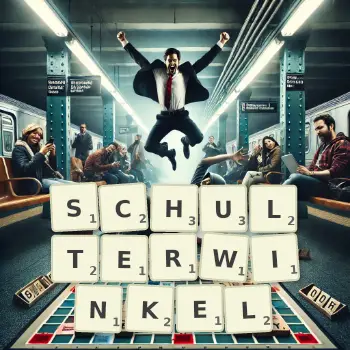 Kreative Illustration für ein Scrabble-Spiel, bei dem das Wort SCHULTERWINKEL mit Steinen auf dem Brett gelegt wurde.