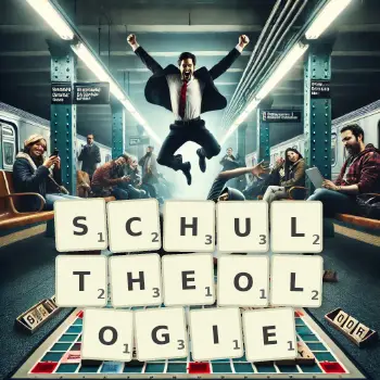 Kreative Illustration für ein Scrabble-Spiel, bei dem das Wort SCHULTHEOLOGIE mit Steinen auf dem Brett gelegt wurde.