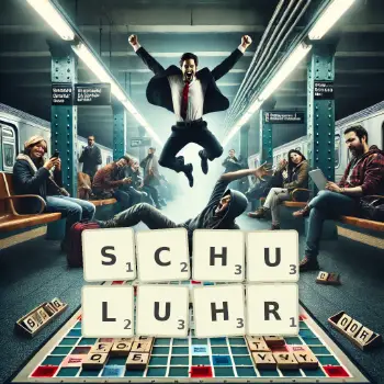 Kreative Illustration für ein Scrabble-Spiel, bei dem das Wort SCHULUHR mit Steinen auf dem Brett gelegt wurde.