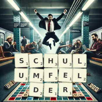 Kreative Illustration für ein Scrabble-Spiel, bei dem das Wort SCHULUMFELDER mit Steinen auf dem Brett gelegt wurde.