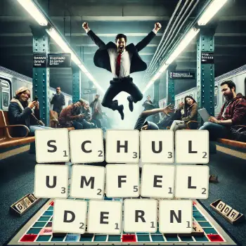 Kreative Illustration für ein Scrabble-Spiel, bei dem das Wort SCHULUMFELDERN mit Steinen auf dem Brett gelegt wurde.