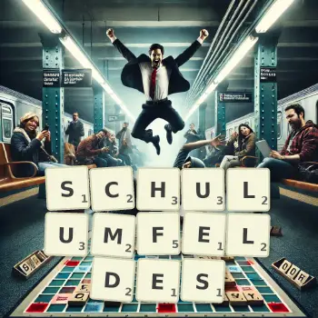 Kreative Illustration für ein Scrabble-Spiel, bei dem das Wort SCHULUMFELDES mit Steinen auf dem Brett gelegt wurde.