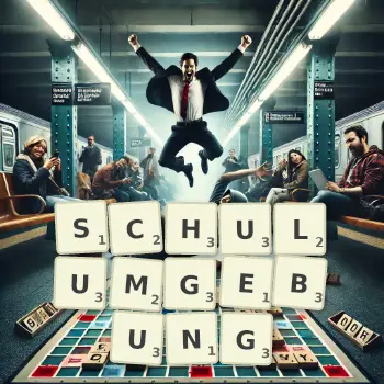 Kreative Illustration für ein Scrabble-Spiel, bei dem das Wort SCHULUMGEBUNG mit Steinen auf dem Brett gelegt wurde.