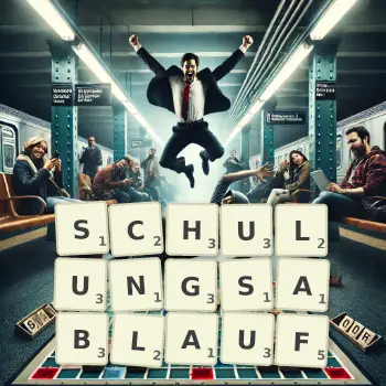 Kreative Illustration für ein Scrabble-Spiel, bei dem das Wort SCHULUNGSABLAUF mit Steinen auf dem Brett gelegt wurde.
