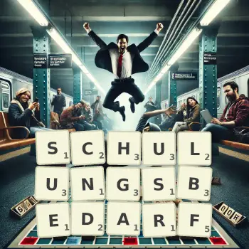 Kreative Illustration für ein Scrabble-Spiel, bei dem das Wort SCHULUNGSBEDARF mit Steinen auf dem Brett gelegt wurde.