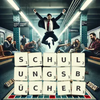 Kreative Illustration für ein Scrabble-Spiel, bei dem das Wort SCHULUNGSBÜCHER mit Steinen auf dem Brett gelegt wurde.