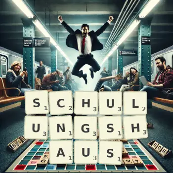 Kreative Illustration für ein Scrabble-Spiel, bei dem das Wort SCHULUNGSHAUS mit Steinen auf dem Brett gelegt wurde.