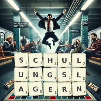 Kreative Illustration für ein Scrabble-Spiel, bei dem das Wort SCHULUNGSLAGERN mit Steinen auf dem Brett gelegt wurde.
