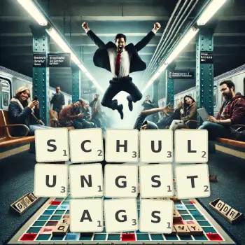 Kreative Illustration für ein Scrabble-Spiel, bei dem das Wort SCHULUNGSTAGS mit Steinen auf dem Brett gelegt wurde.