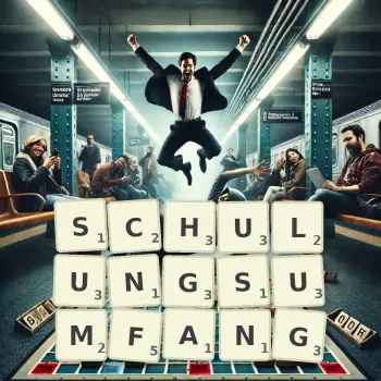 Kreative Illustration für ein Scrabble-Spiel, bei dem das Wort SCHULUNGSUMFANG mit Steinen auf dem Brett gelegt wurde.