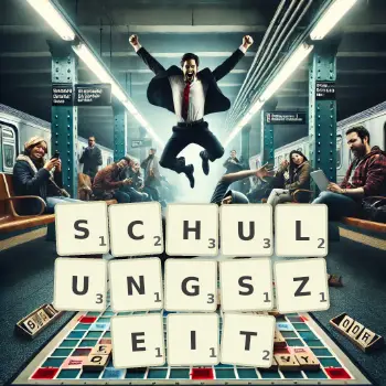 Kreative Illustration für ein Scrabble-Spiel, bei dem das Wort SCHULUNGSZEIT mit Steinen auf dem Brett gelegt wurde.