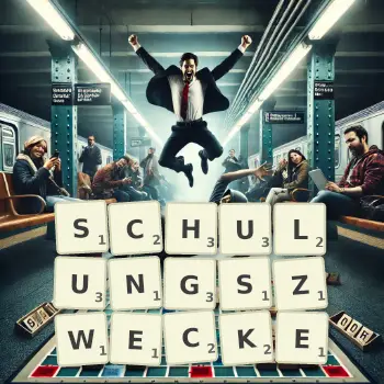 Kreative Illustration für ein Scrabble-Spiel, bei dem das Wort SCHULUNGSZWECKE mit Steinen auf dem Brett gelegt wurde.