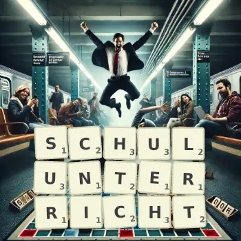 Kreative Illustration für ein Scrabble-Spiel, bei dem das Wort SCHULUNTERRICHT mit Steinen auf dem Brett gelegt wurde.