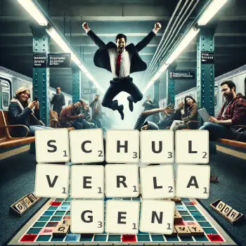 Kreative Illustration für ein Scrabble-Spiel, bei dem das Wort SCHULVERLAGEN mit Steinen auf dem Brett gelegt wurde.