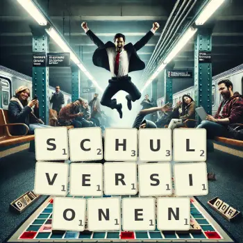 Kreative Illustration für ein Scrabble-Spiel, bei dem das Wort SCHULVERSIONEN mit Steinen auf dem Brett gelegt wurde.