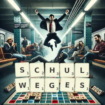 Kreative Illustration für ein Scrabble-Spiel, bei dem das Wort SCHULWEGES mit Steinen auf dem Brett gelegt wurde.