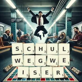 Kreative Illustration für ein Scrabble-Spiel, bei dem das Wort SCHULWEGWEISER mit Steinen auf dem Brett gelegt wurde.