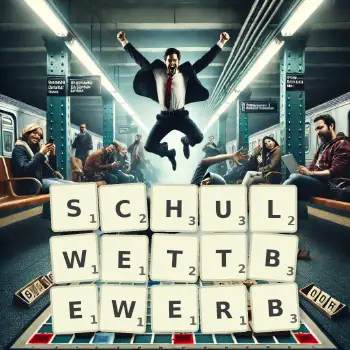 Kreative Illustration für ein Scrabble-Spiel, bei dem das Wort SCHULWETTBEWERB mit Steinen auf dem Brett gelegt wurde.