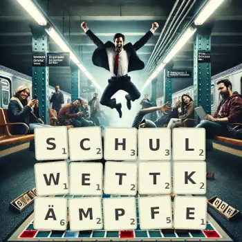 Kreative Illustration für ein Scrabble-Spiel, bei dem das Wort SCHULWETTKÄMPFE mit Steinen auf dem Brett gelegt wurde.