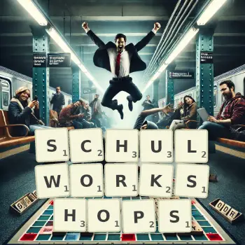 Kreative Illustration für ein Scrabble-Spiel, bei dem das Wort SCHULWORKSHOPS mit Steinen auf dem Brett gelegt wurde.