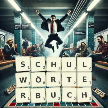 Kreative Illustration für ein Scrabble-Spiel, bei dem das Wort SCHULWÖRTERBUCH mit Steinen auf dem Brett gelegt wurde.
