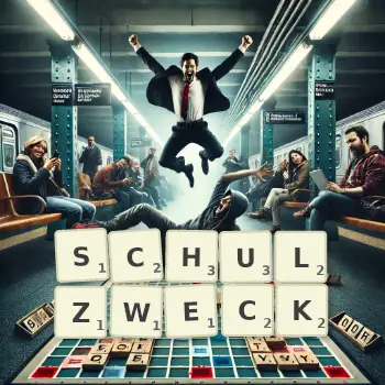 Kreative Illustration für ein Scrabble-Spiel, bei dem das Wort SCHULZWECK mit Steinen auf dem Brett gelegt wurde.