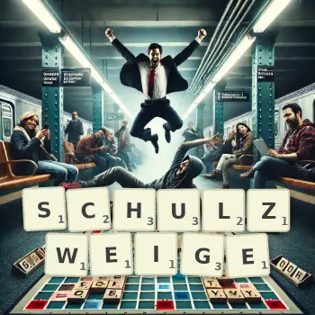 Kreative Illustration für ein Scrabble-Spiel, bei dem das Wort SCHULZWEIGE mit Steinen auf dem Brett gelegt wurde.