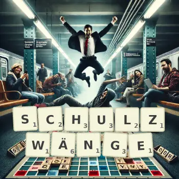 Kreative Illustration für ein Scrabble-Spiel, bei dem das Wort SCHULZWÄNGE mit Steinen auf dem Brett gelegt wurde.